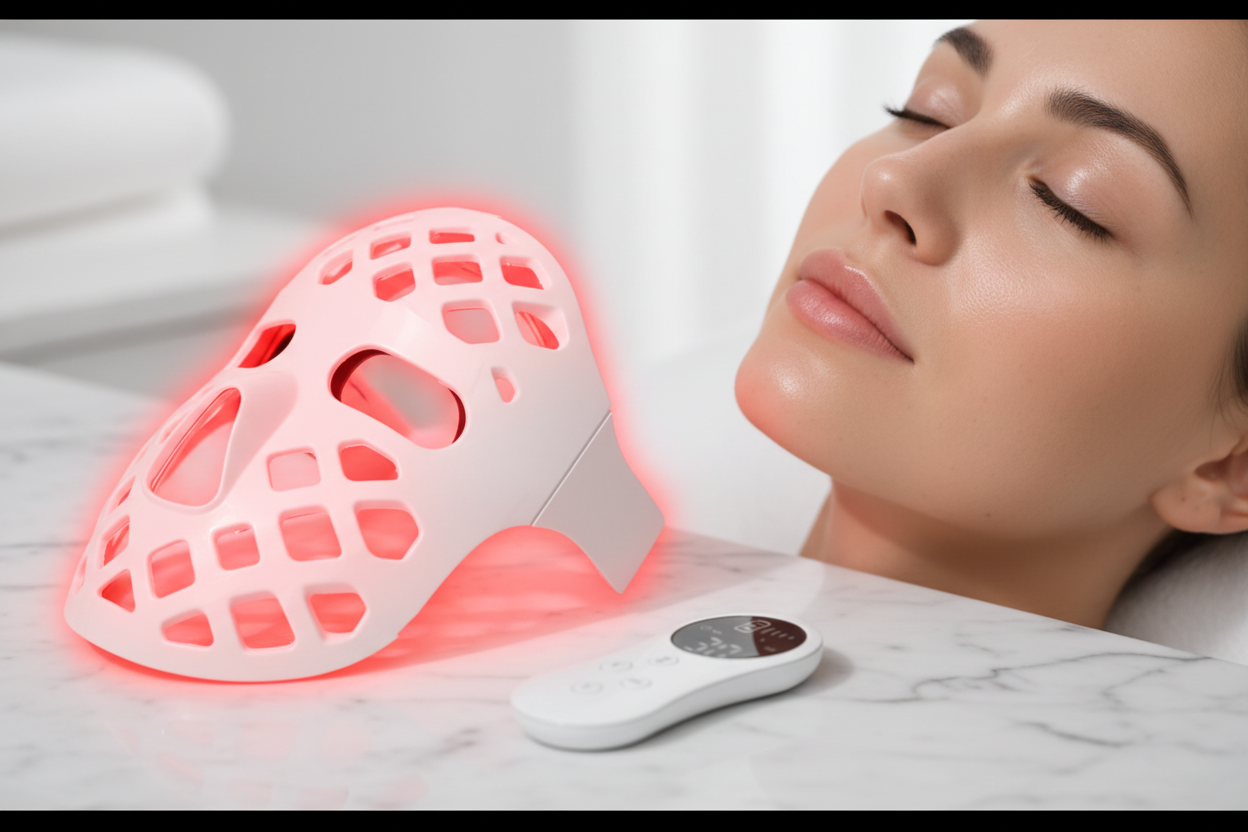 Masque LED silicone en photothérapie rouge sur table en marbre