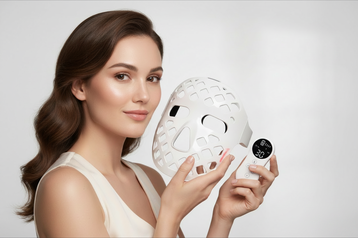 Femme présentant le masque LED silicone avec sa télécommande minuteur